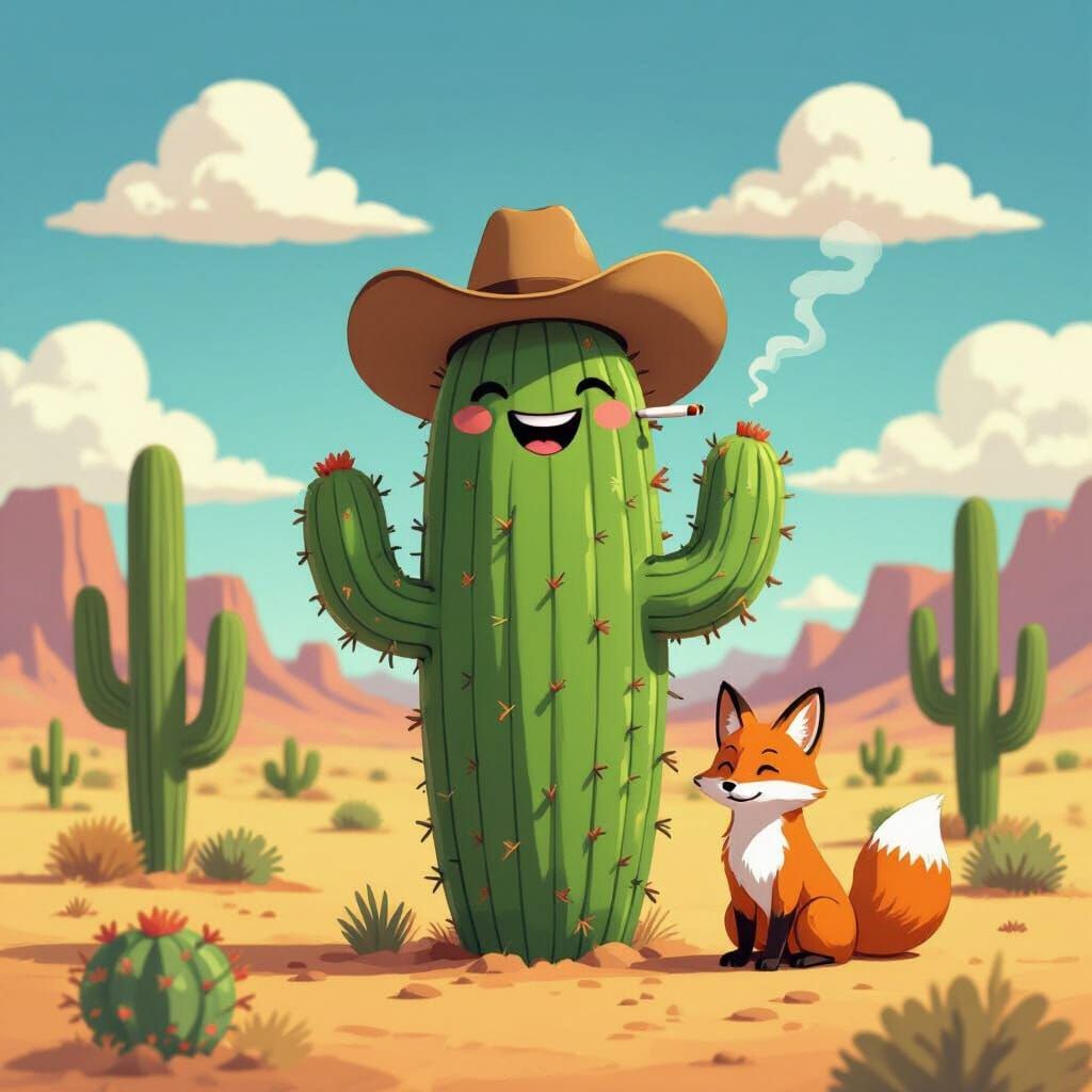 Smiling Cactus Cowboy with Fox in Vibrant Desert Anime Style