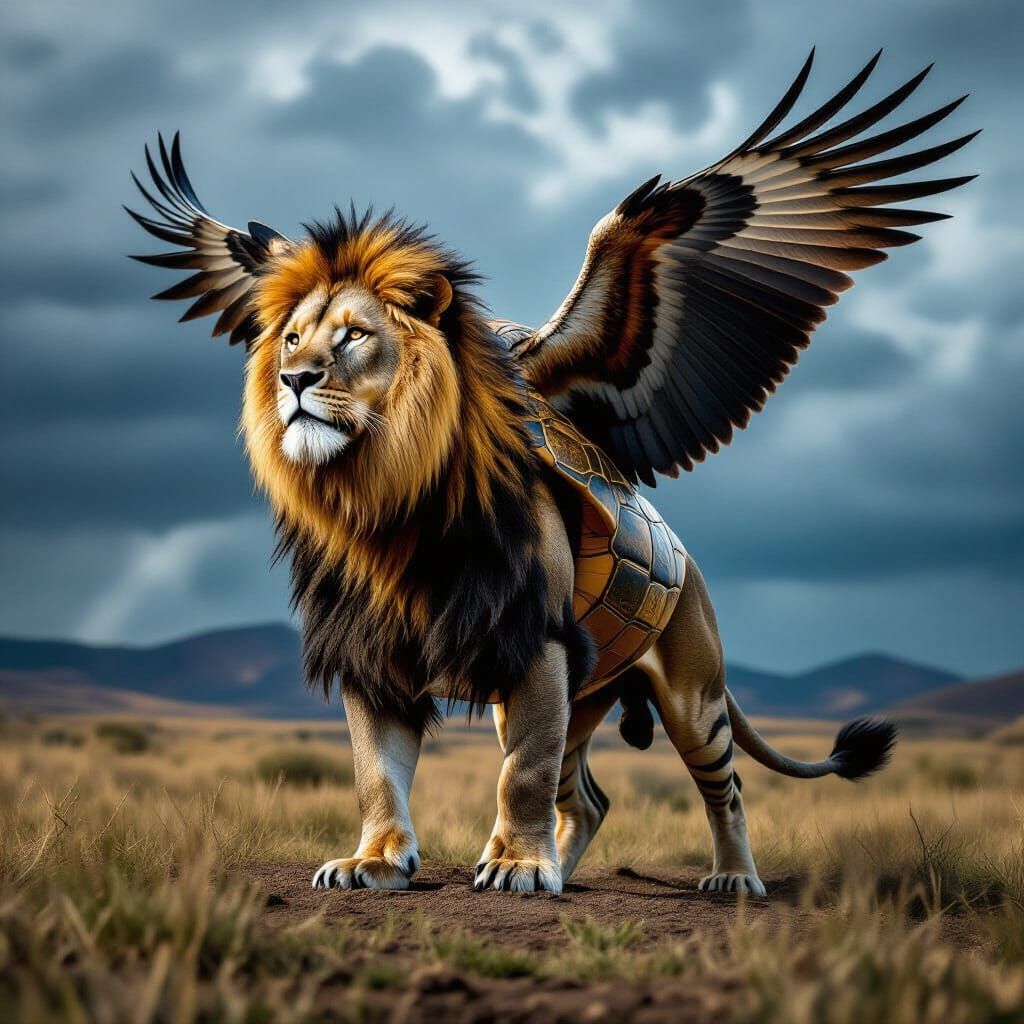 Mythical Creature: Lion with Turtle Shell, Eagle Wings, Hors...