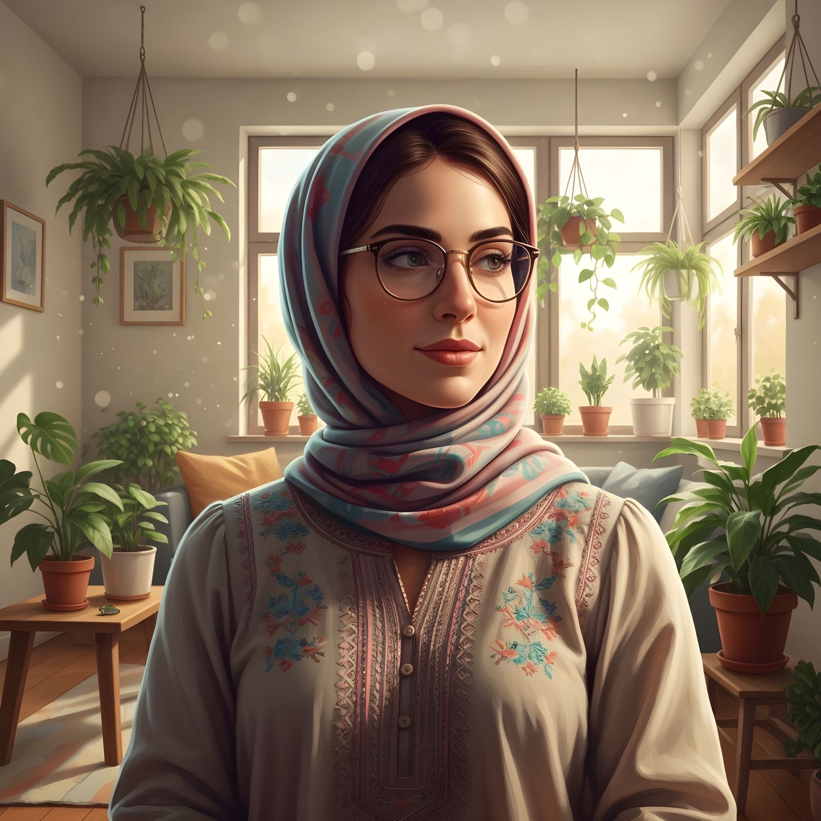 Beautiful Hijabi Woman Portrait in Planted Living Room
