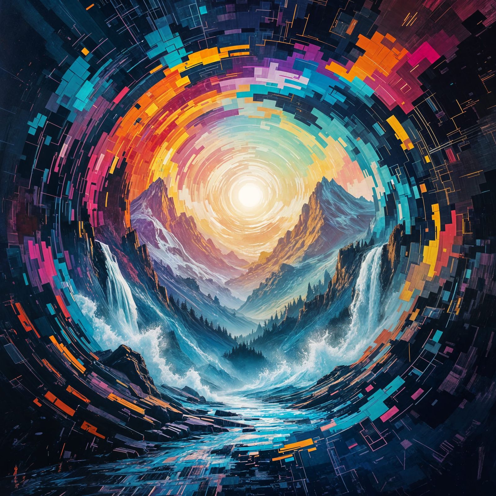 Abstract Portal: Mountains and Waterfalls in Glitch Art