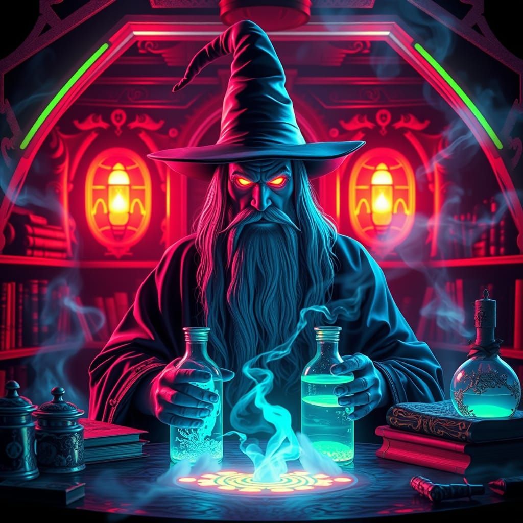 Wizard in a Neon Holographic Lair