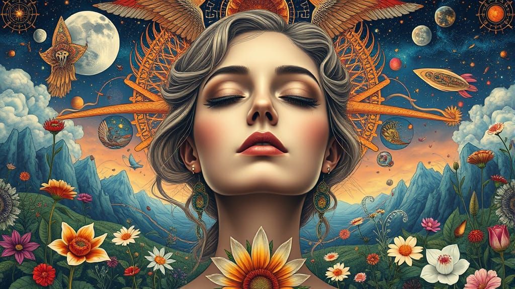 Surreal Woman in Vibrant Botanical Landscape