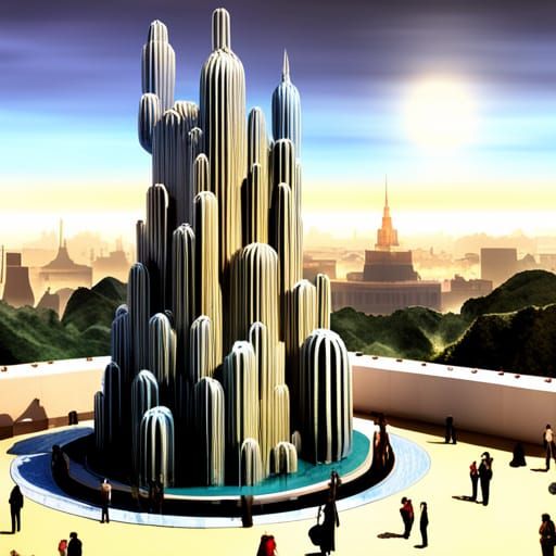 Futuristic Cactus Building with Ghost in Goya Style