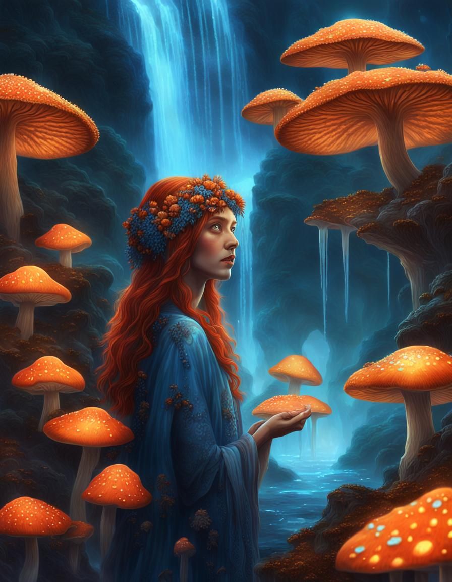 Woman on Waterfall Surrounded by Glowing Mushrooms