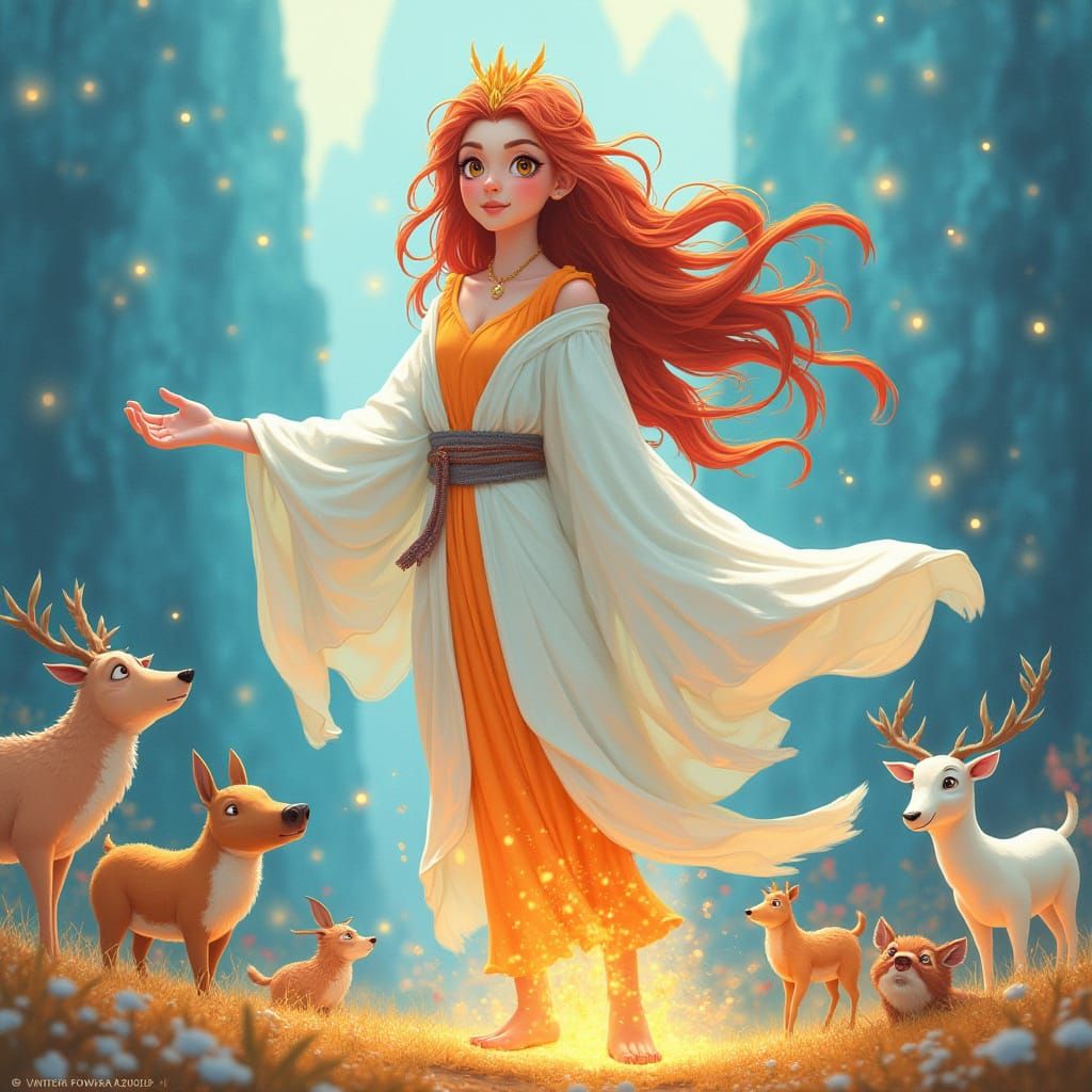 Ice and Fire Goddess in Animated Landscape