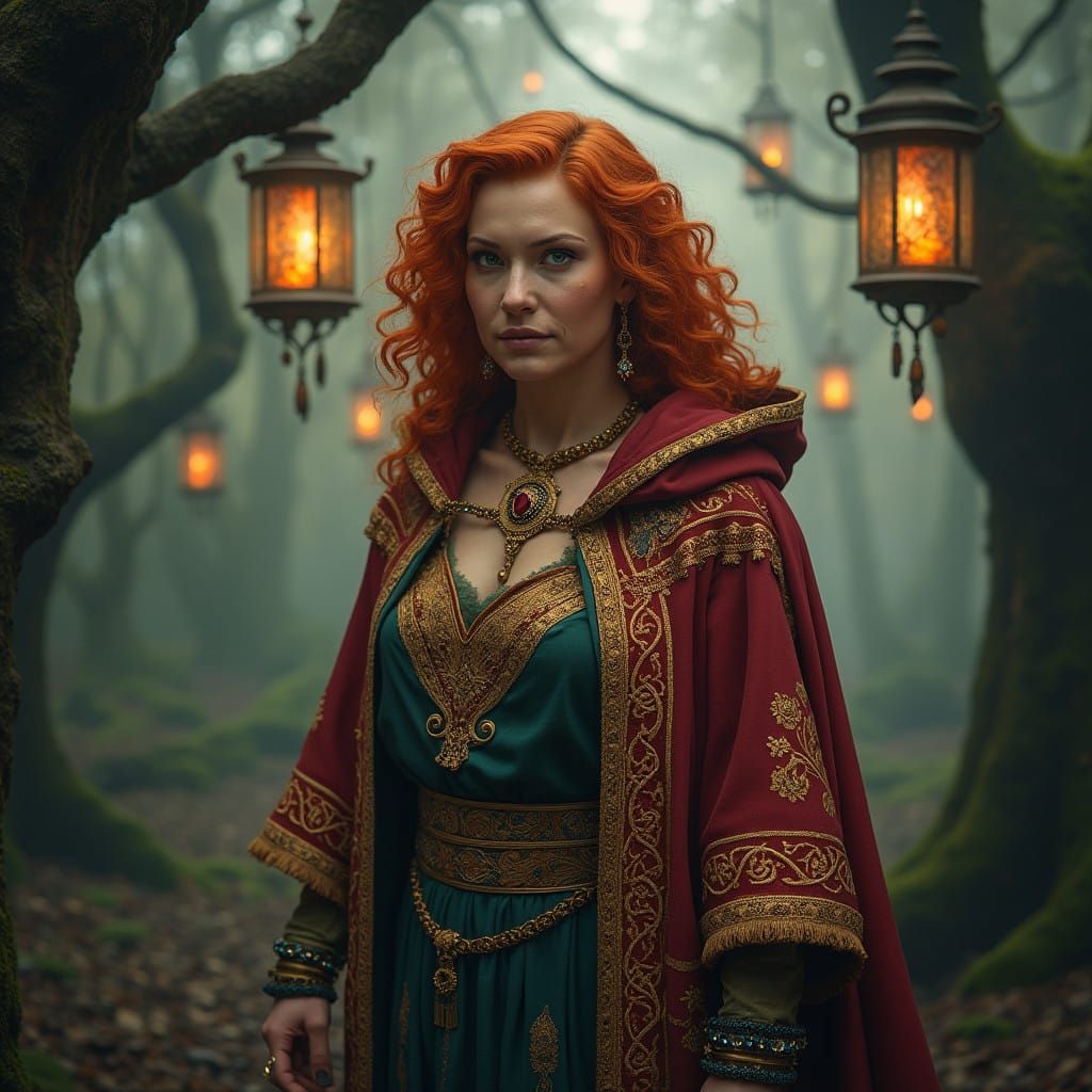 Ethereal Robust Woman in Celtic-Inspired Fantasy Attire Amid...