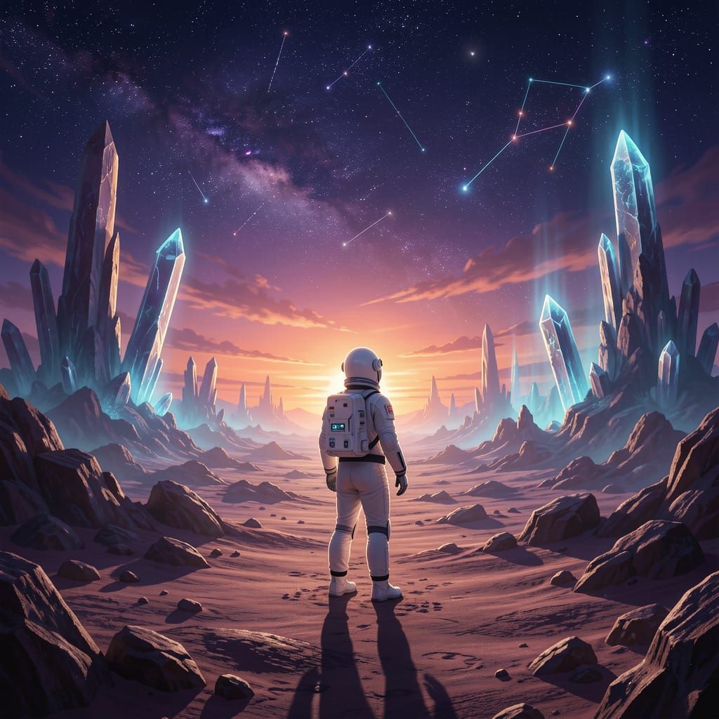 Astronaut on Alien Planet with Binary Sunset