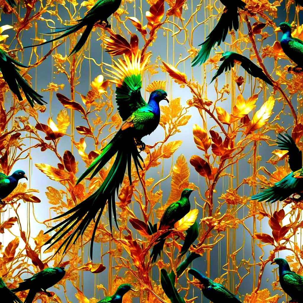 Golden Jade Quetzal Bird in Sci-Fi Style