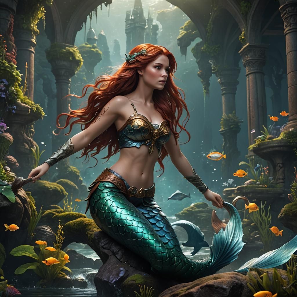Auburn Haired Mermaid in Detailed Matte Painting