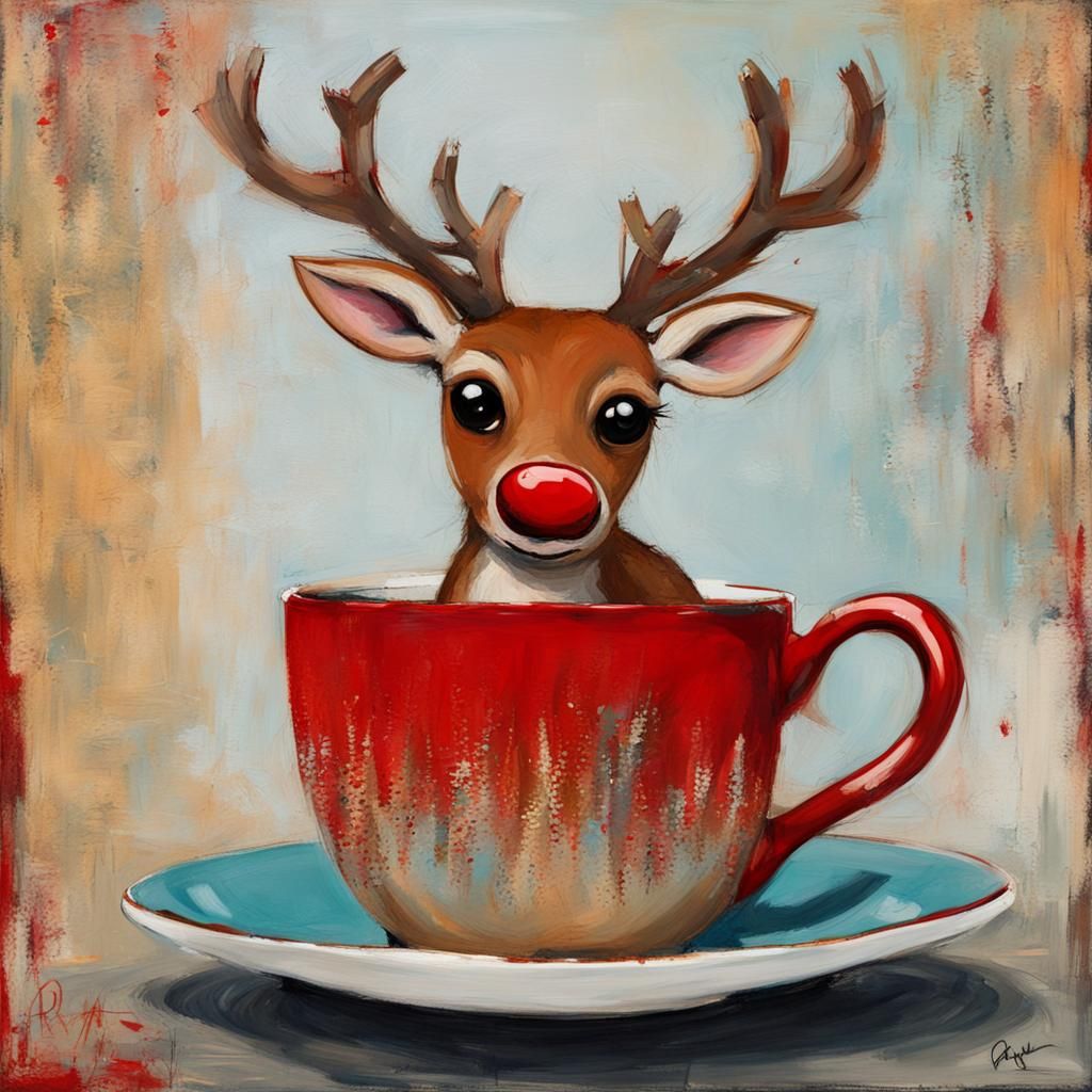 "tiny rudolph rednose reindeer in a teacup abstract art