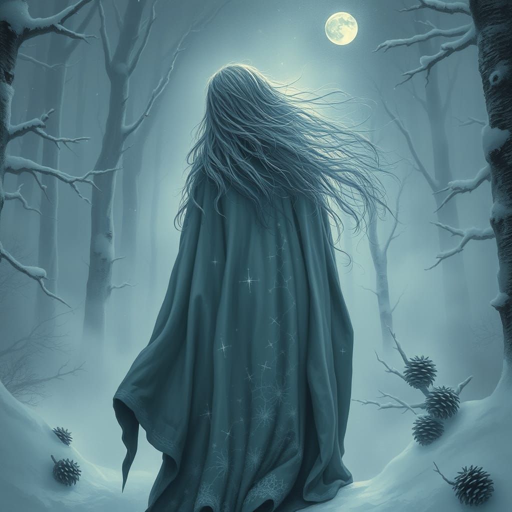 Witch in Snowy Forest with Spectral Pinecones, Dark Fantasy ...