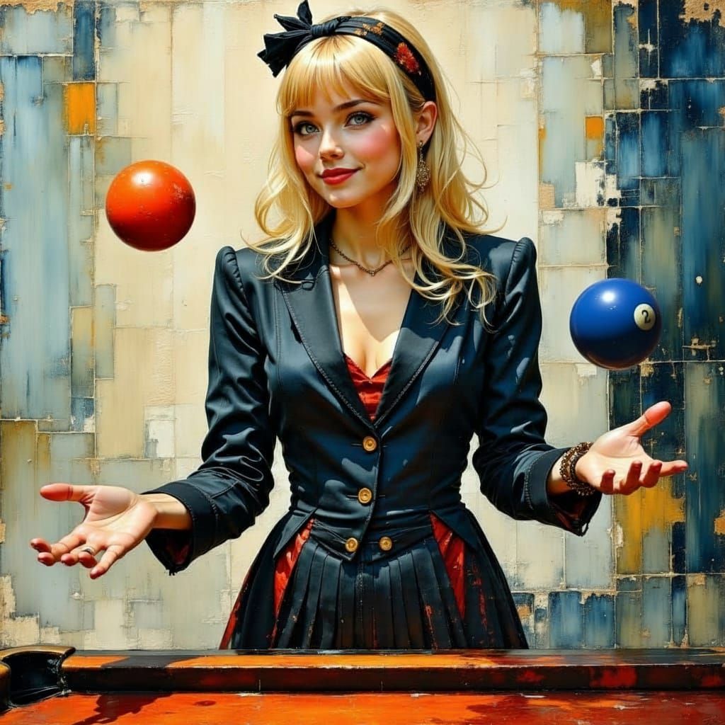 Textured Oil Portrait of Woman Juggling Billiard Balls