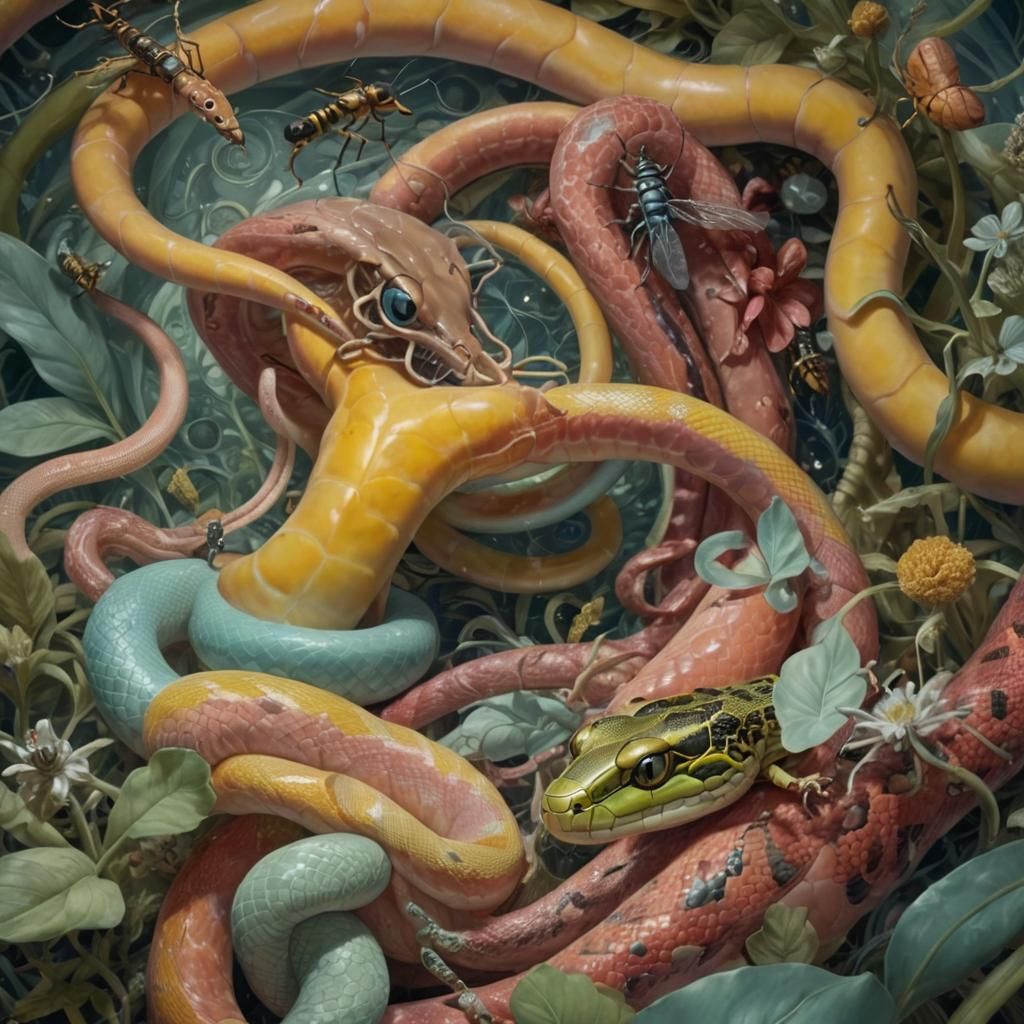 Surreal Snake-Human Hybrid on Millipede, Dreamlike Scene