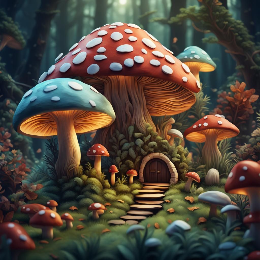 Paper Cut Mushrooms with Snail: Detailed Matte Painting