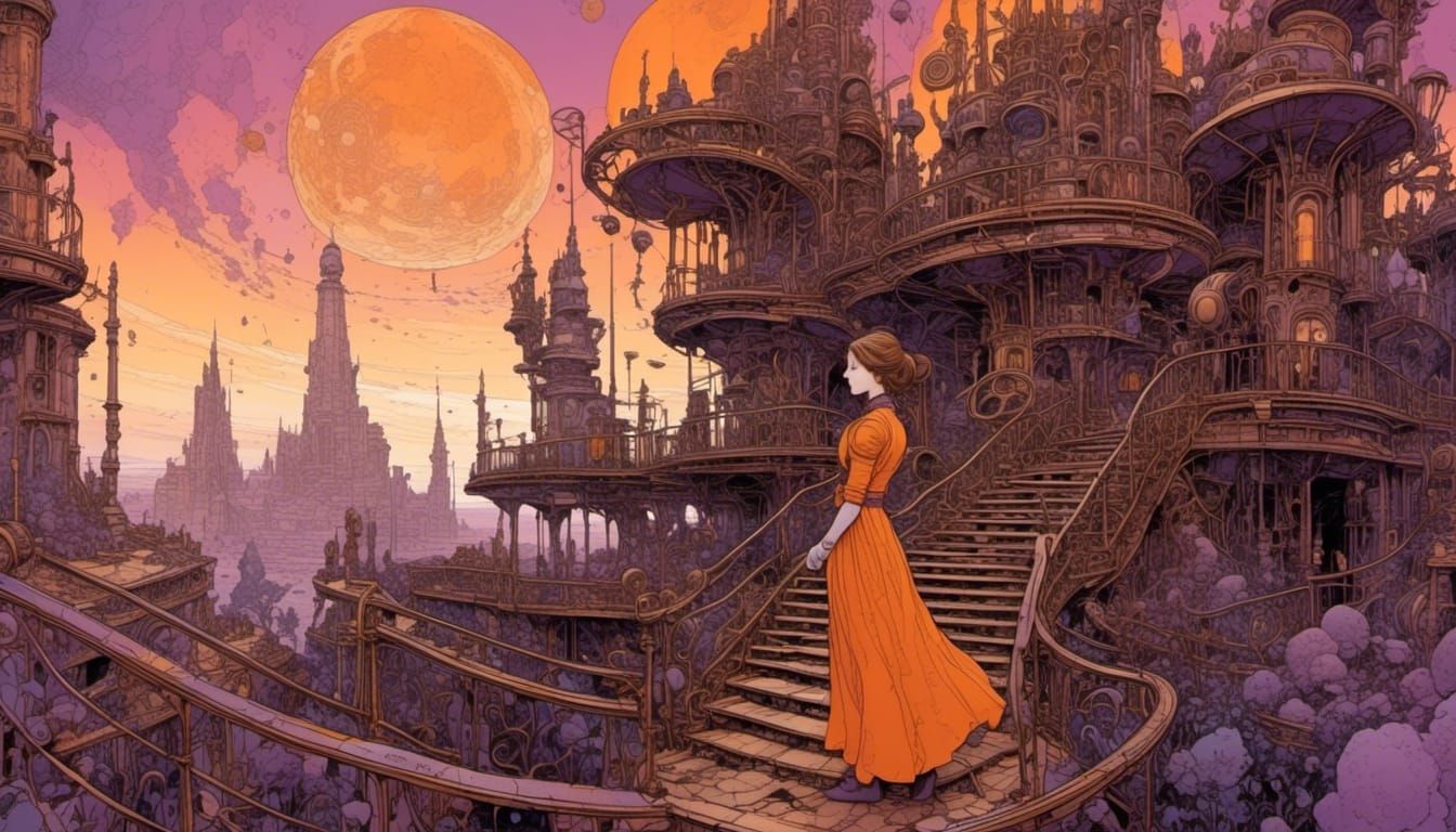 Steampunk Girl in Roman Garden with Surreal Sky