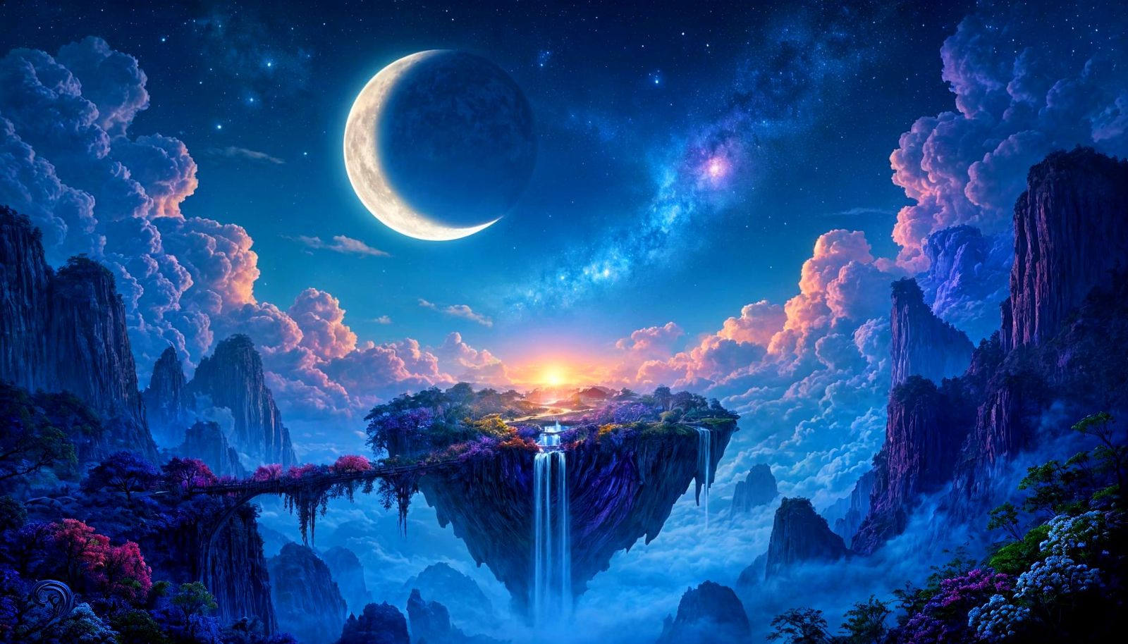 Mystical Forest Realm Under Vibrant Night Sky