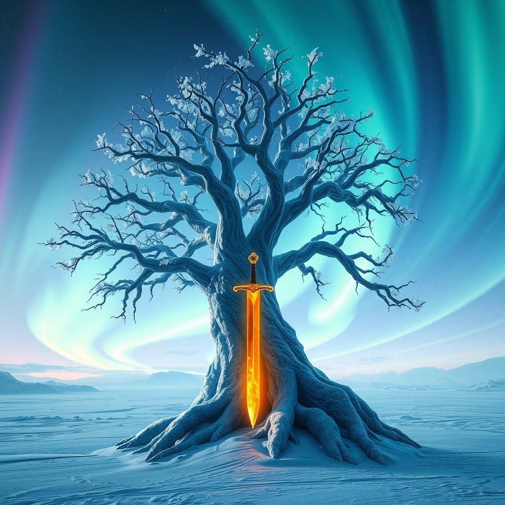 Ethereal Ice Tree Shines with Sword and Rainbow-Lit Aurora