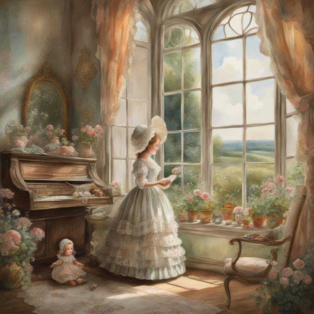 Girl Feeds Doll in Elegant Antique Room
