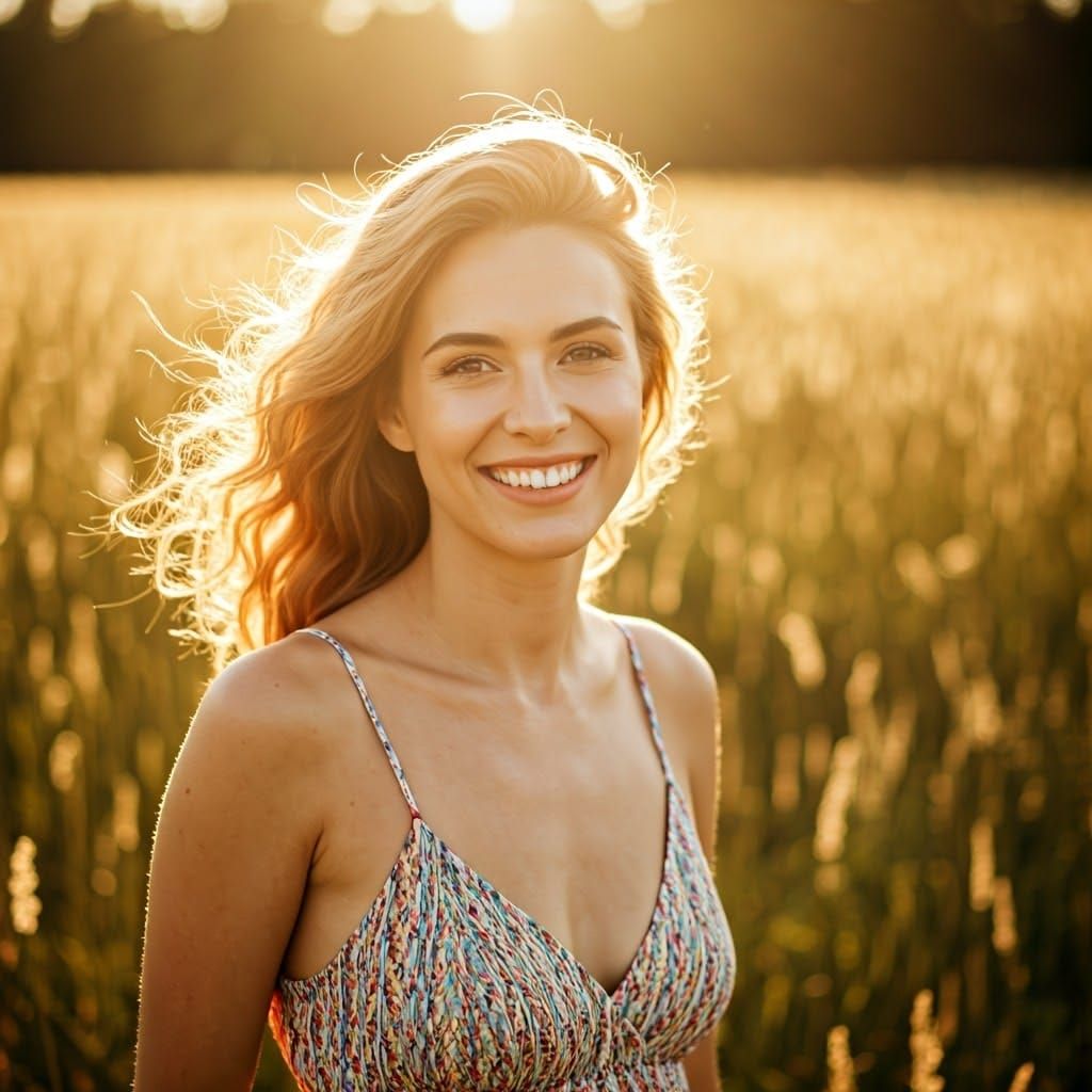 Radiant Woman in Sundress: Summer Day Portrait