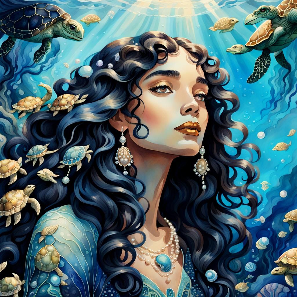 Underwater Woman with Pearls in Art Nouveau Style