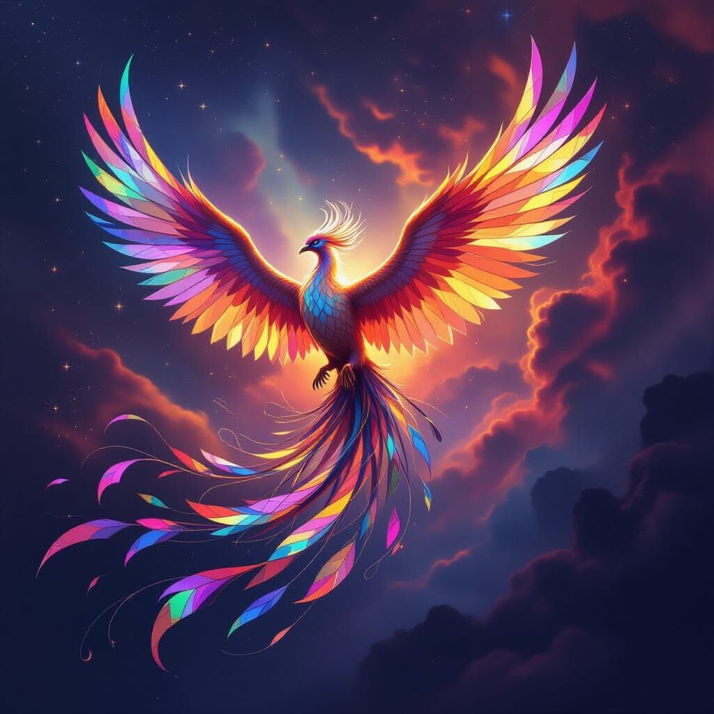 Iridescent Glass Phoenix Soars Through Volcanic Nebula