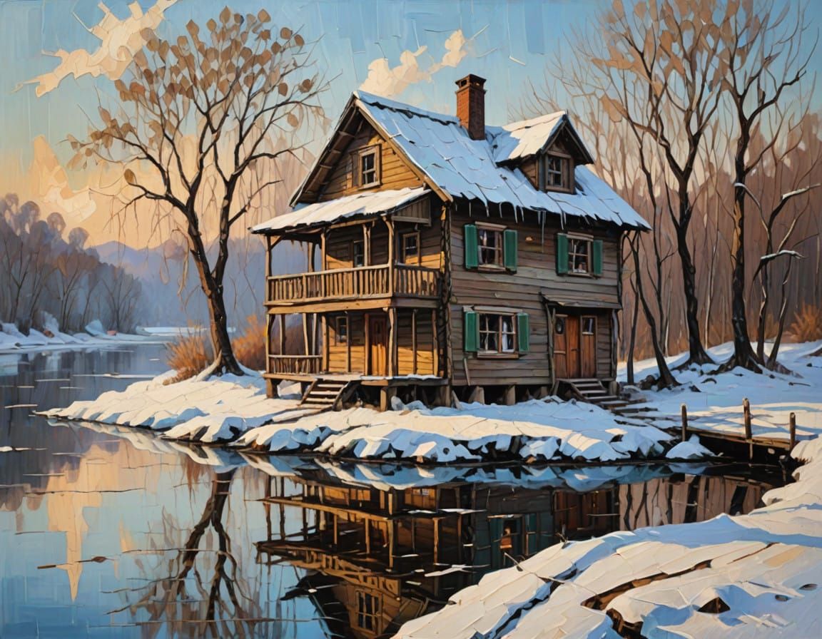 Winter Village Impasto Painting