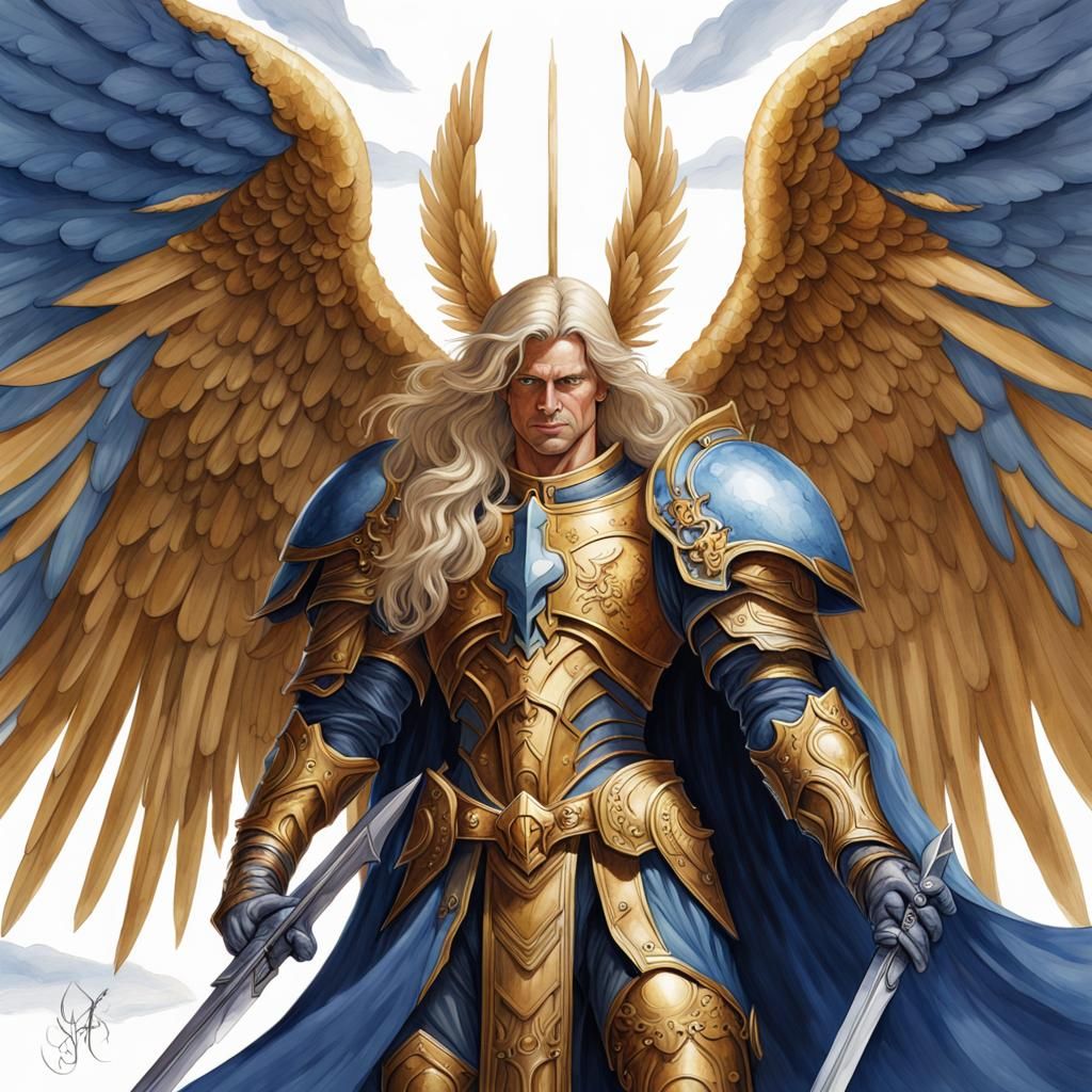 Renaissance Watercolor of Angelic Figure in Gold