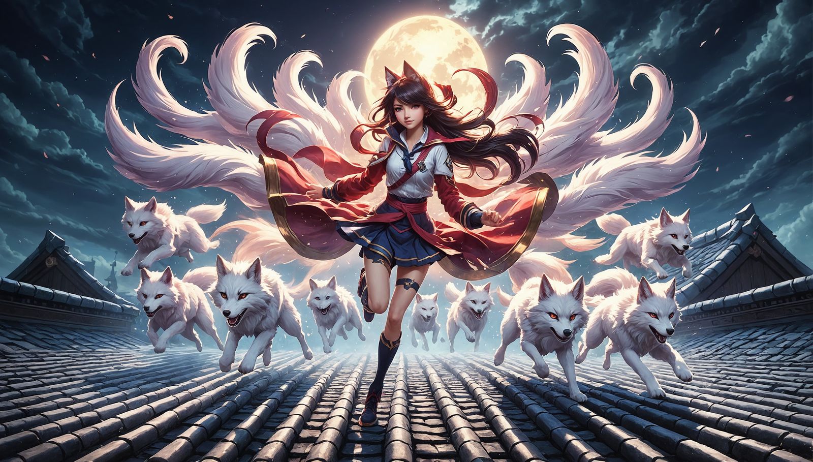 Mystical Girl on Rooftops with Spectral Wolves