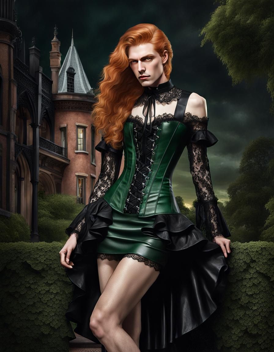 Gothic Man in Lace Dress at Mansion