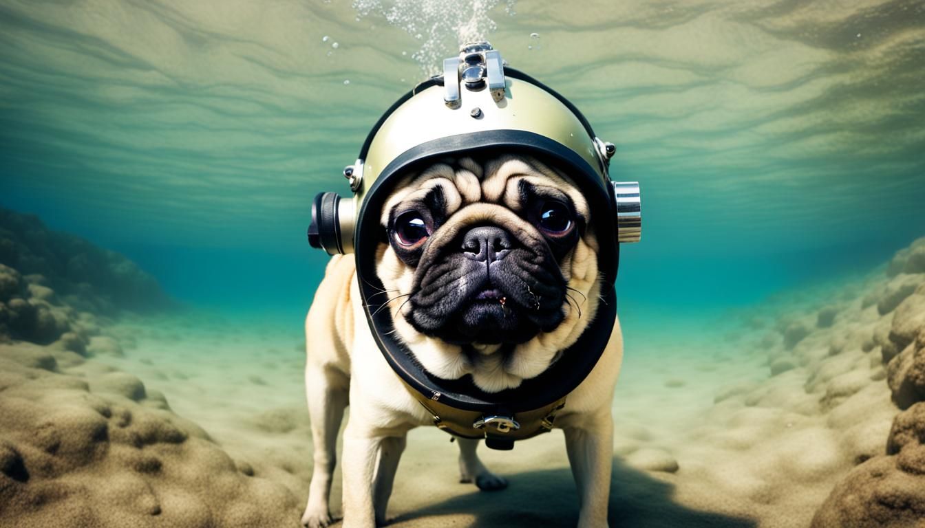 Pug Underwater with Diving Helmet