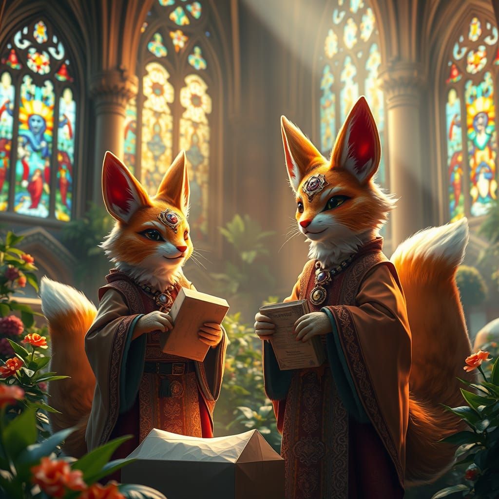 Fantastical Kitsune Monks in Golden Glow