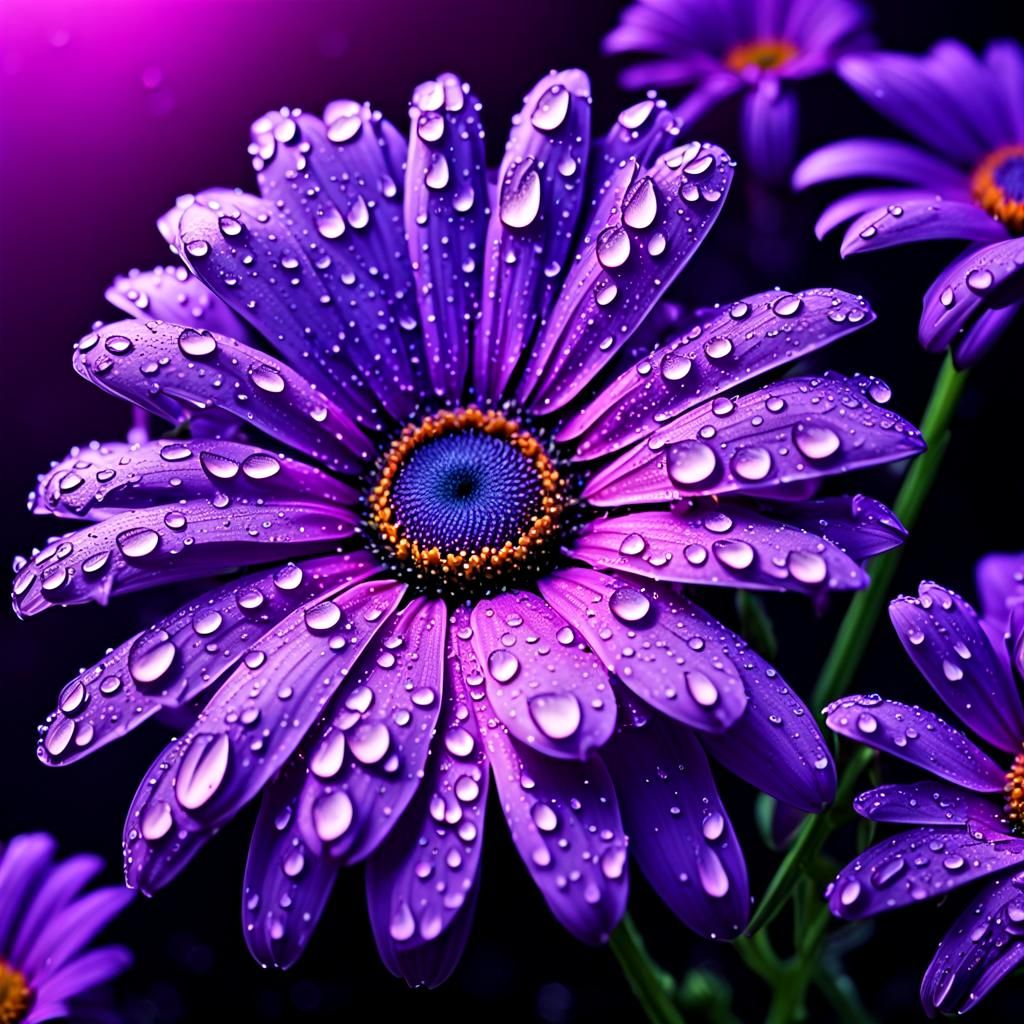 Purple Daisy with Raindrops on Neon Background