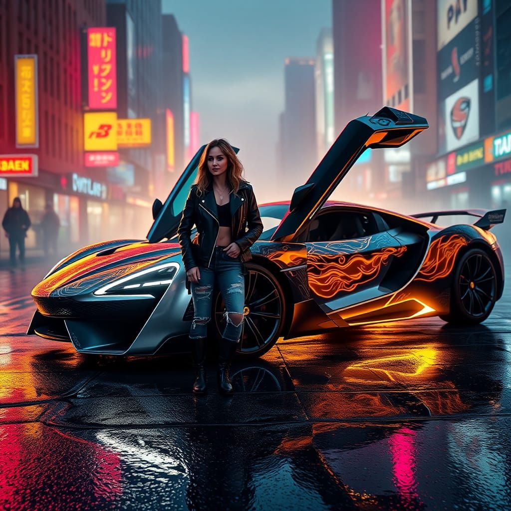 Futuristic Neon Sports Car on Cyberpunk Street