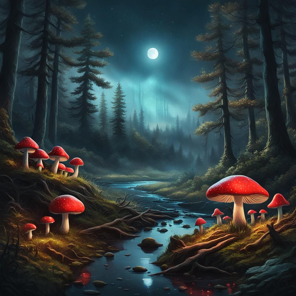 Fairy with Red Wings in Bioluminescent Forest