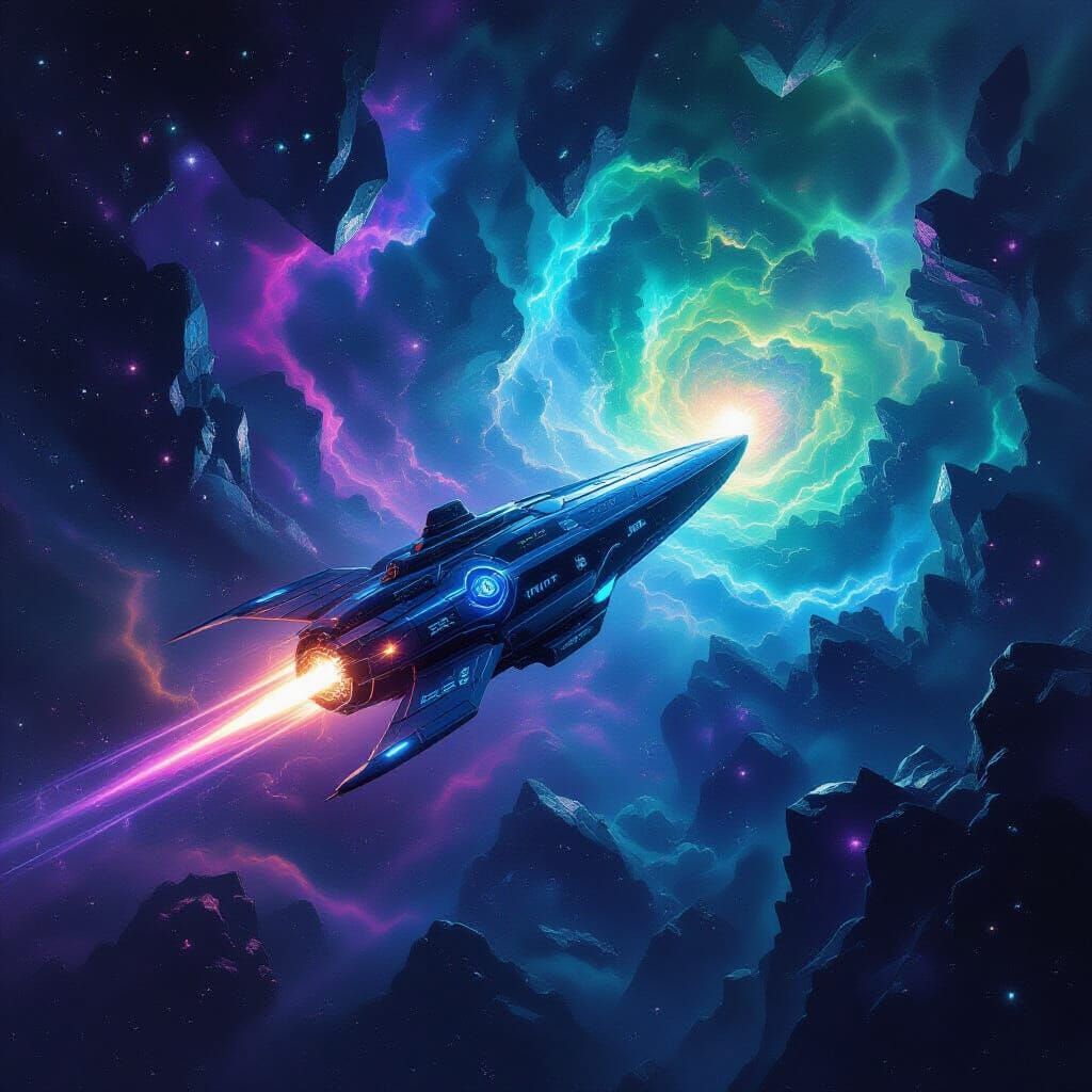 Cosmic Starship in Crystal Nebula Charcoal Drawing