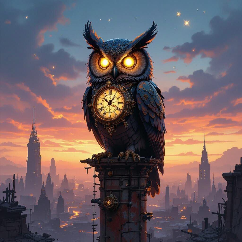 Clockwork Owl Surveys Post-Apocalyptic Cityscape in Steampun...