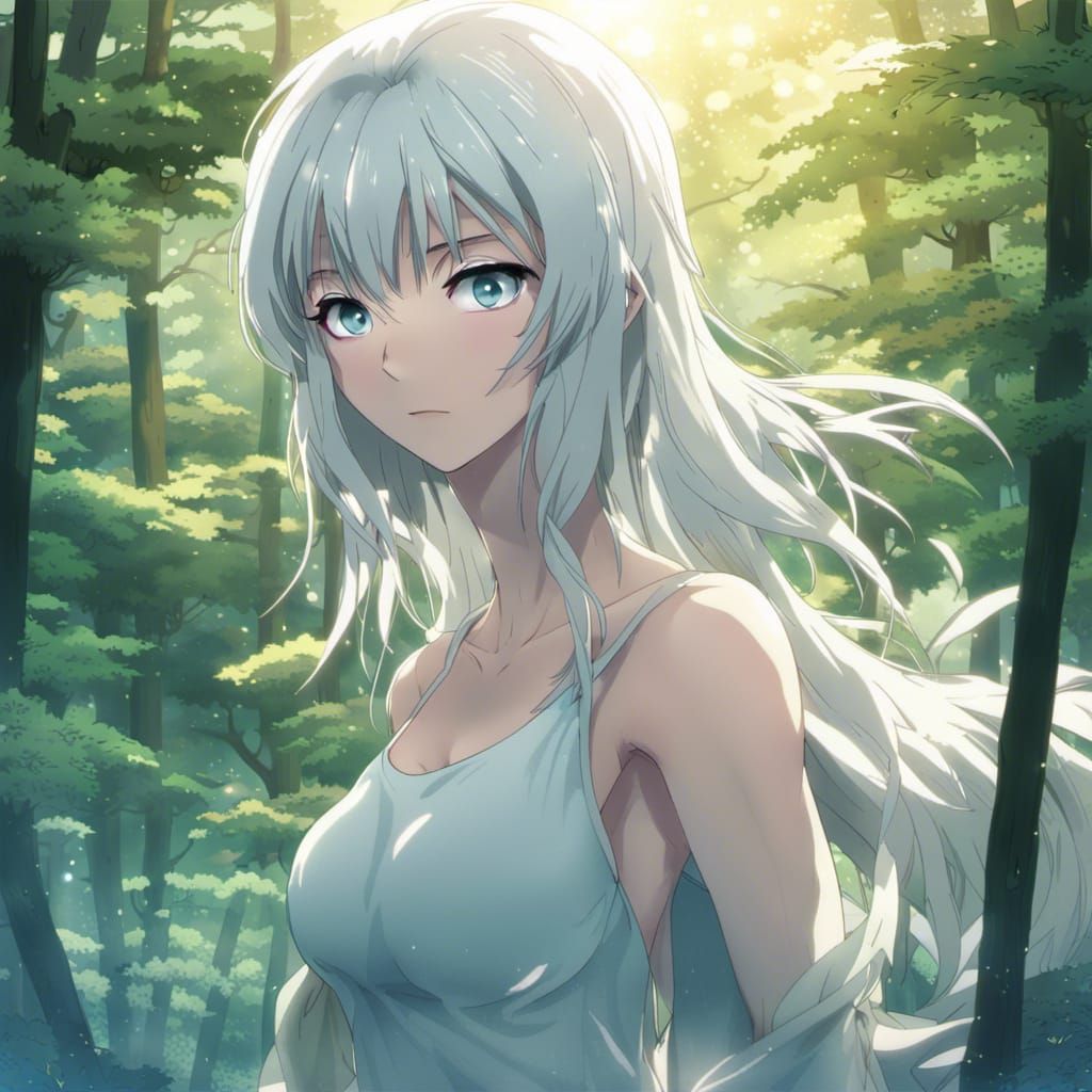 Translucent Anime Girl in Teal Forest: Manga Art