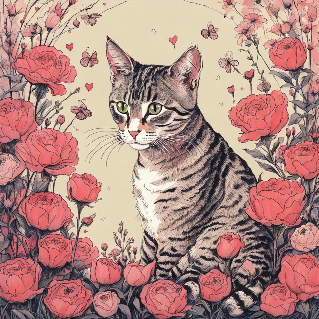 Cute Cat Surrounded by Flowers and Heart Lights