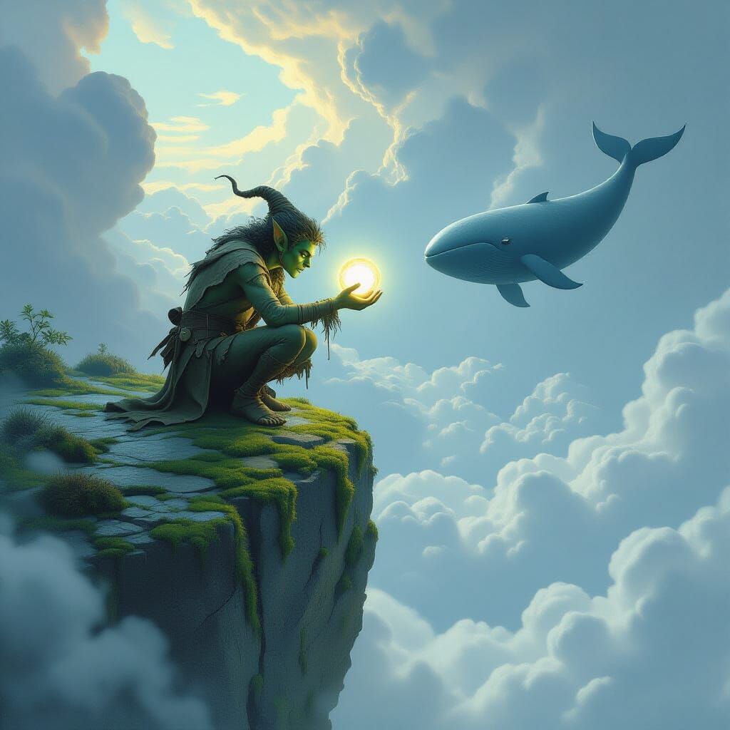 Imp Steals Orb from Sky-Whale Amidst Clouds