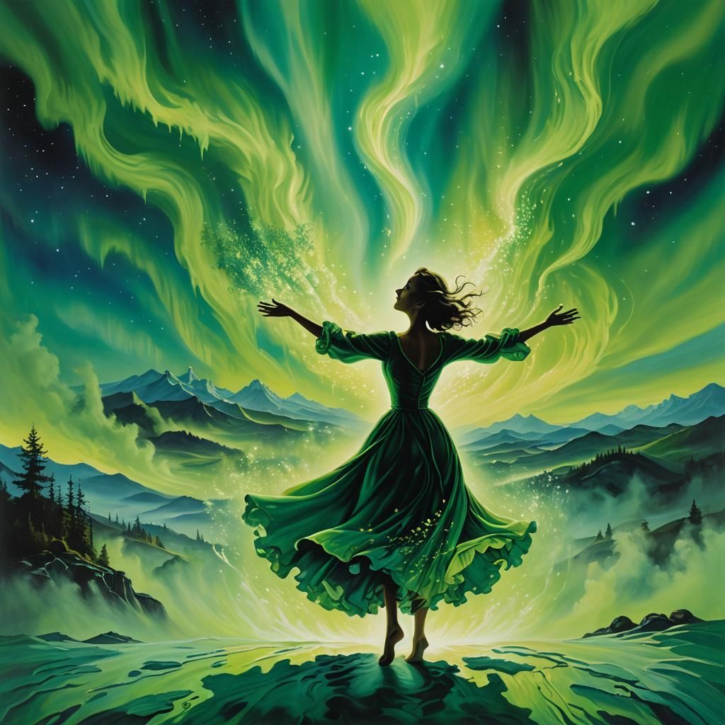 Woman Celebrates Under Green Aurora in Dali Style