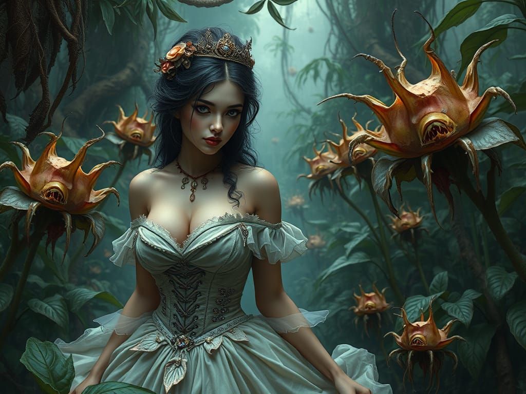 Princess Lost in Overgrown Garden with Carnivorous Plants