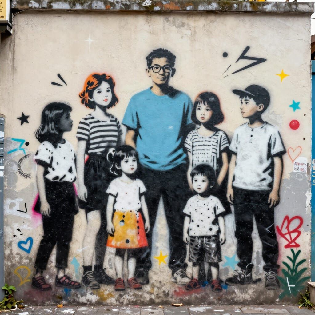 Diverse Family Mural in Banksy Street Art Style