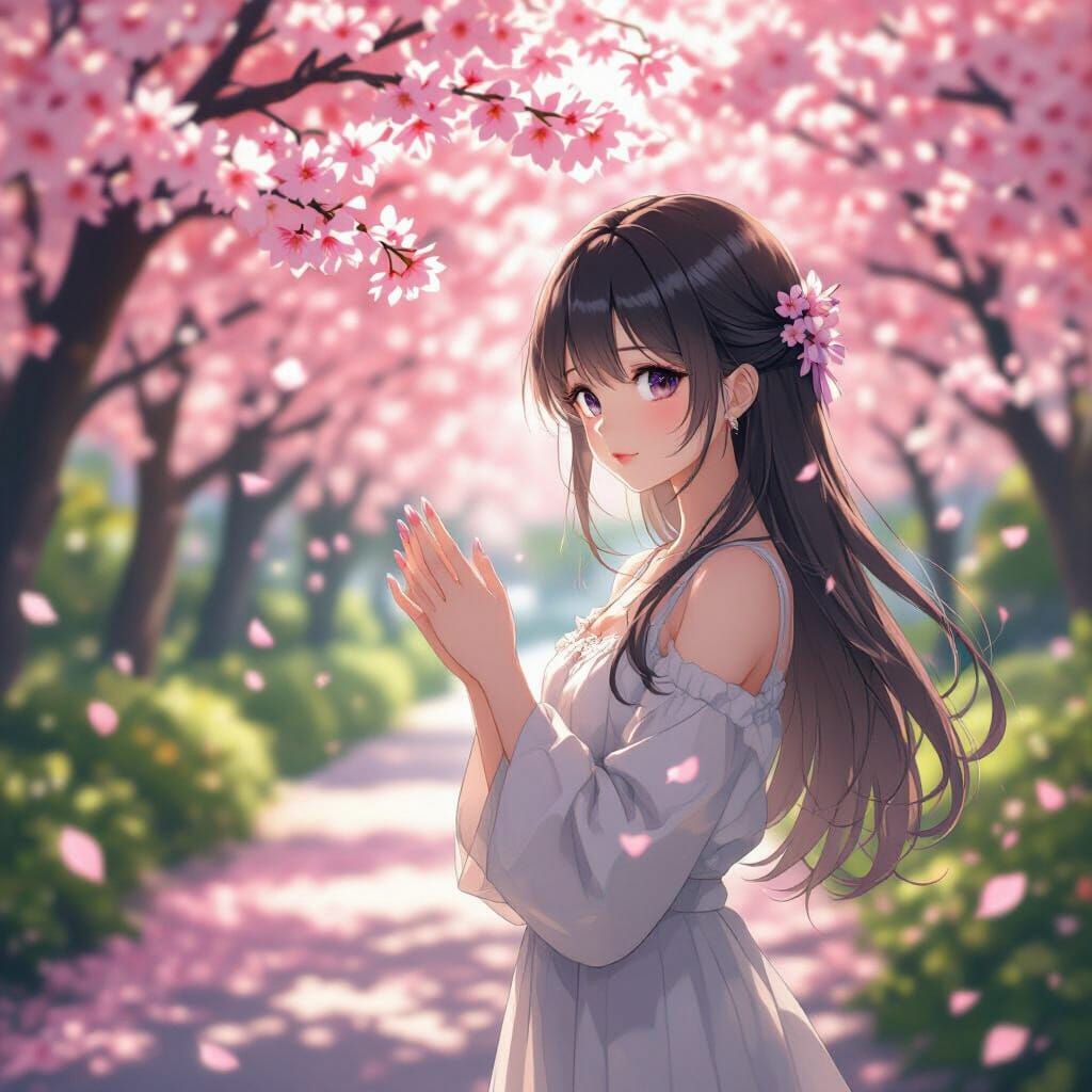 Anime Girl in Cherry Blossom Garden with Long Nails