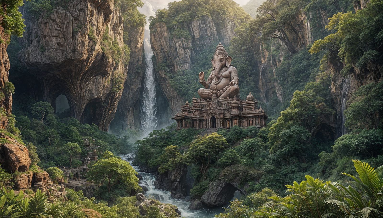 Epic Stone Ganesh Cave Waterfall in Matte Painting Style