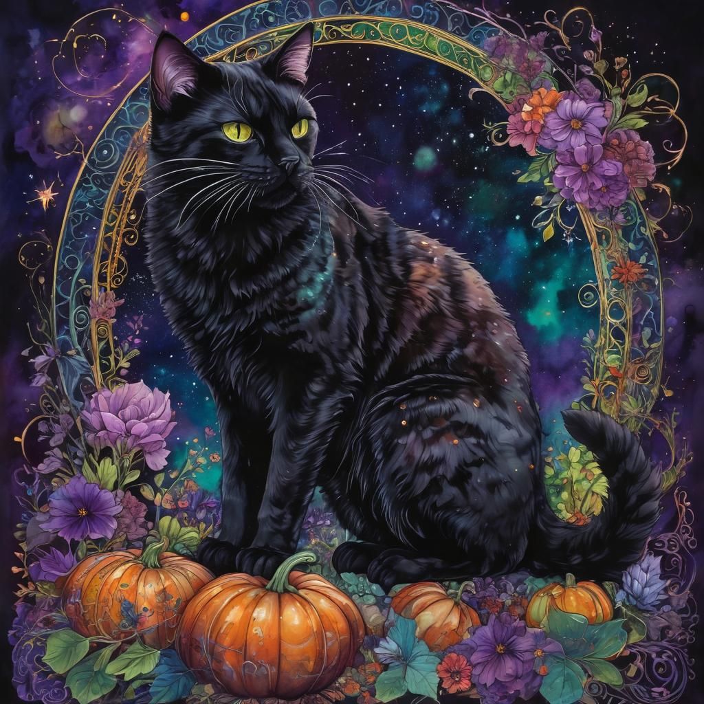 Black Cat with Glowing Eyes in Gothic Realism