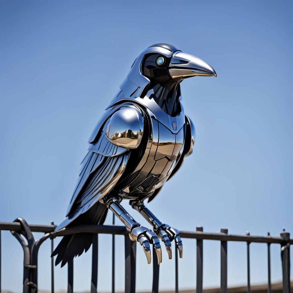 Chrome Robot Raven on a Rustic Fence
