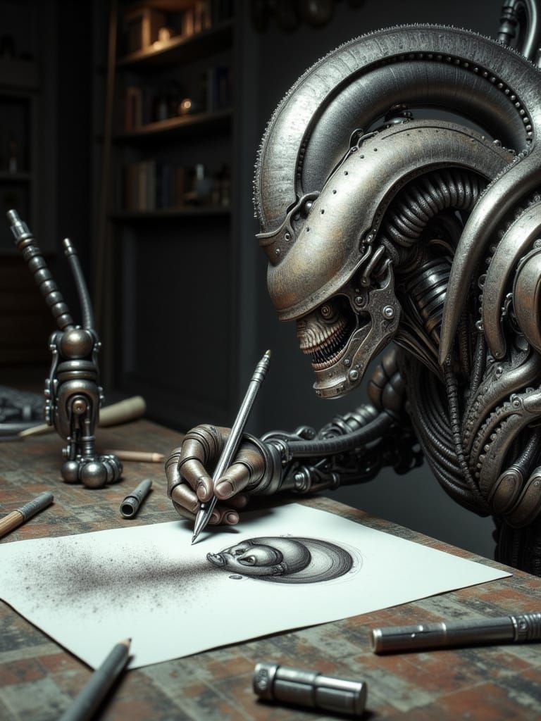 Biomechanical Creature Creates Surreal Portrait in Industria...