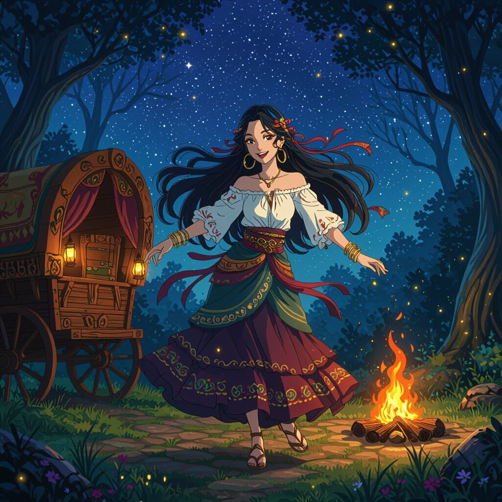 Mysterious Gypsy Dancer in Enchanted Forest Anime Style
