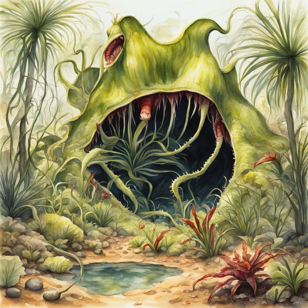 huge carnivorous plant laying ambush in an oasis, the plant'...