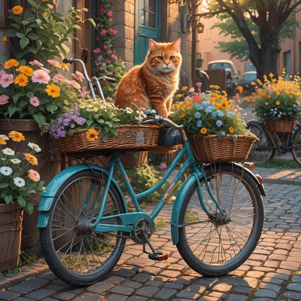 Whimsical Cat in Flower Basket: Fantasy Art
